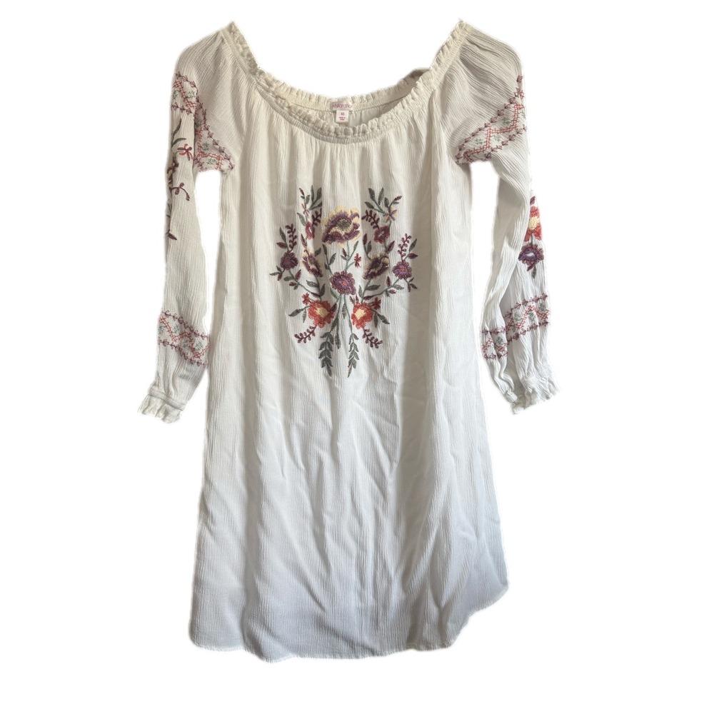 Xhilaration Embroidered Mini Dress Womens XS White‎ Boho Off Shoulder Excellent